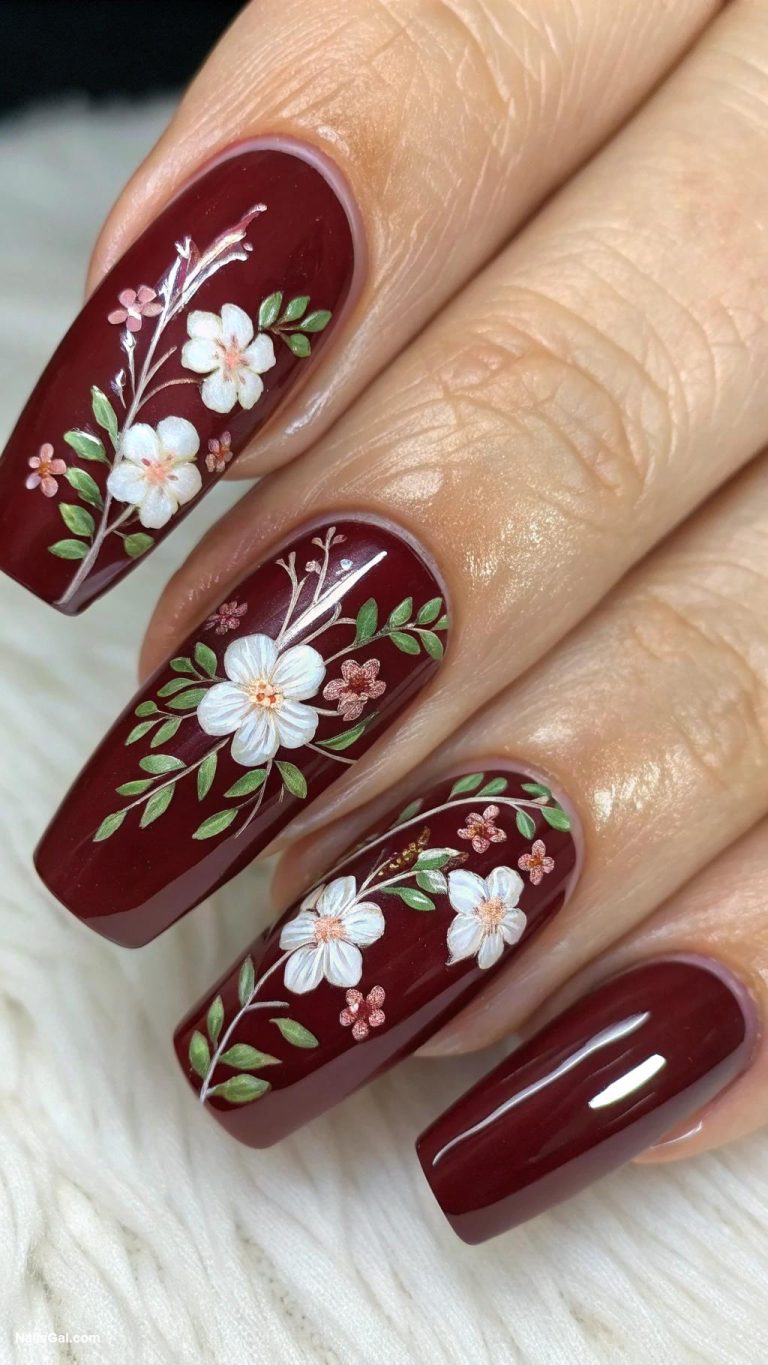 burgundy nails Burgundy base with floral nail art