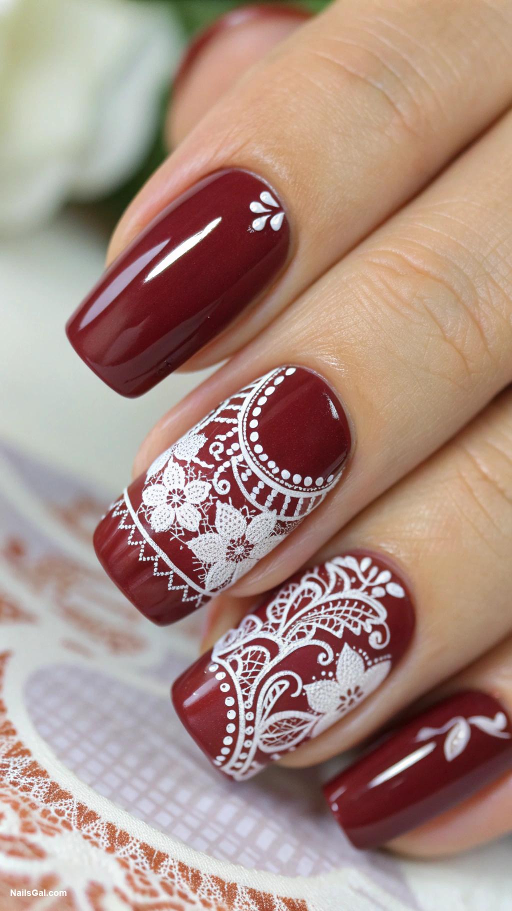 burgundy nails Burgundy with delicate white lace designs