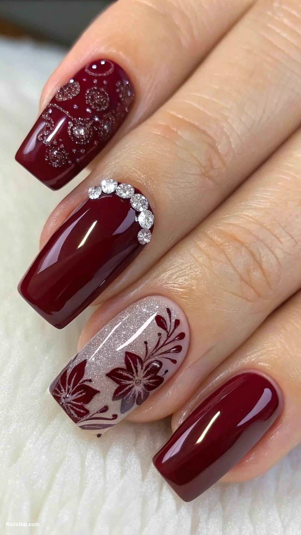 burgundy nails Burgundy with rhinestone embellishments