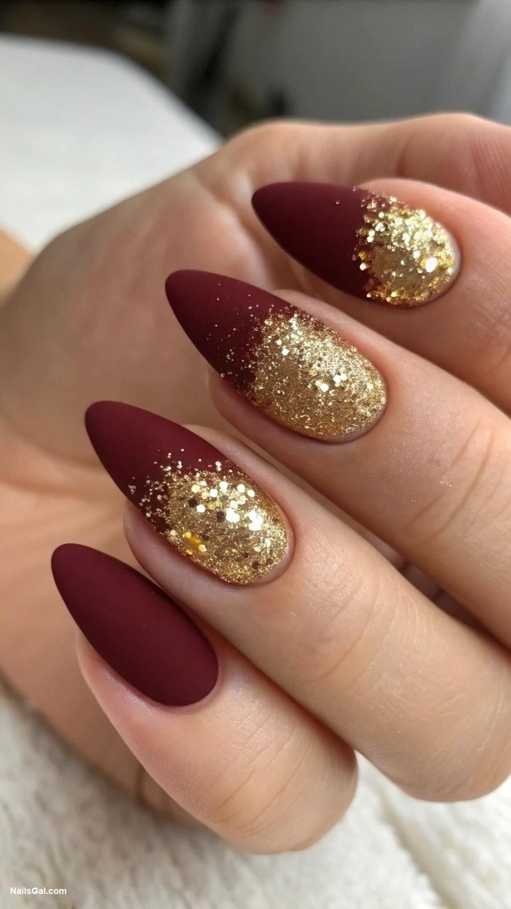 burgundy nails Matte burgundy with gold glitter tips