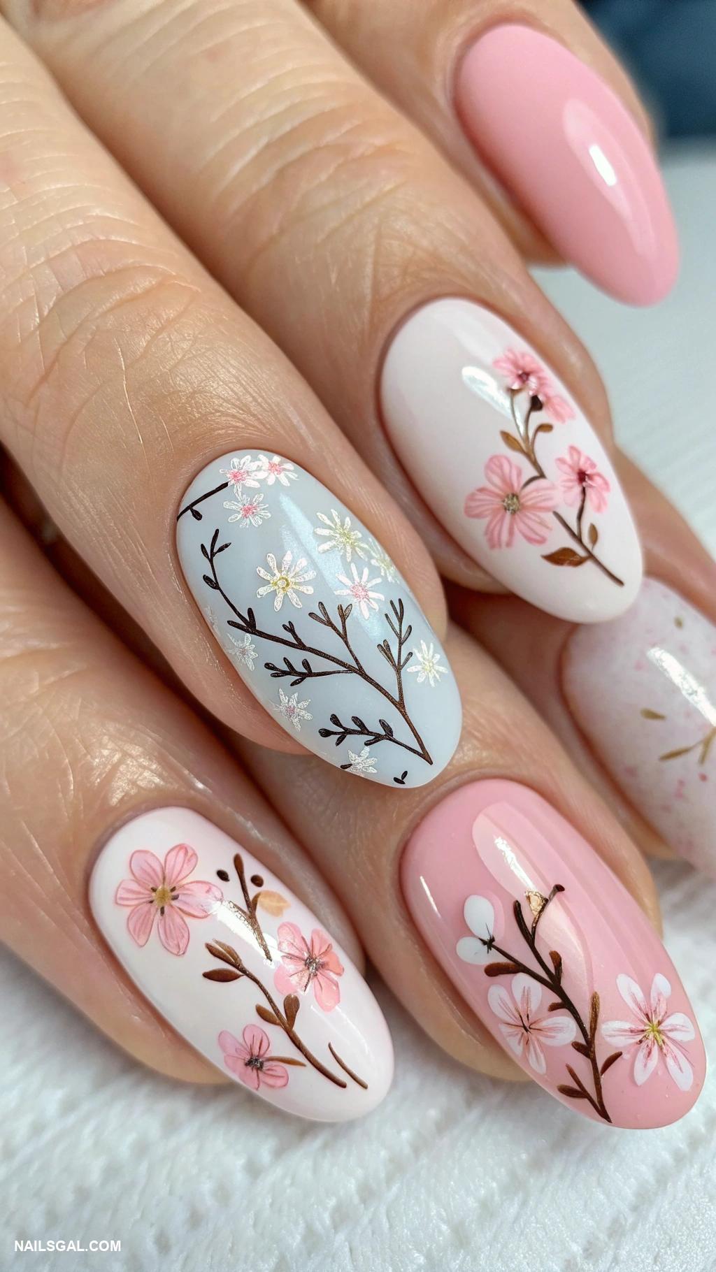 casual nails Floral designs on light blue background