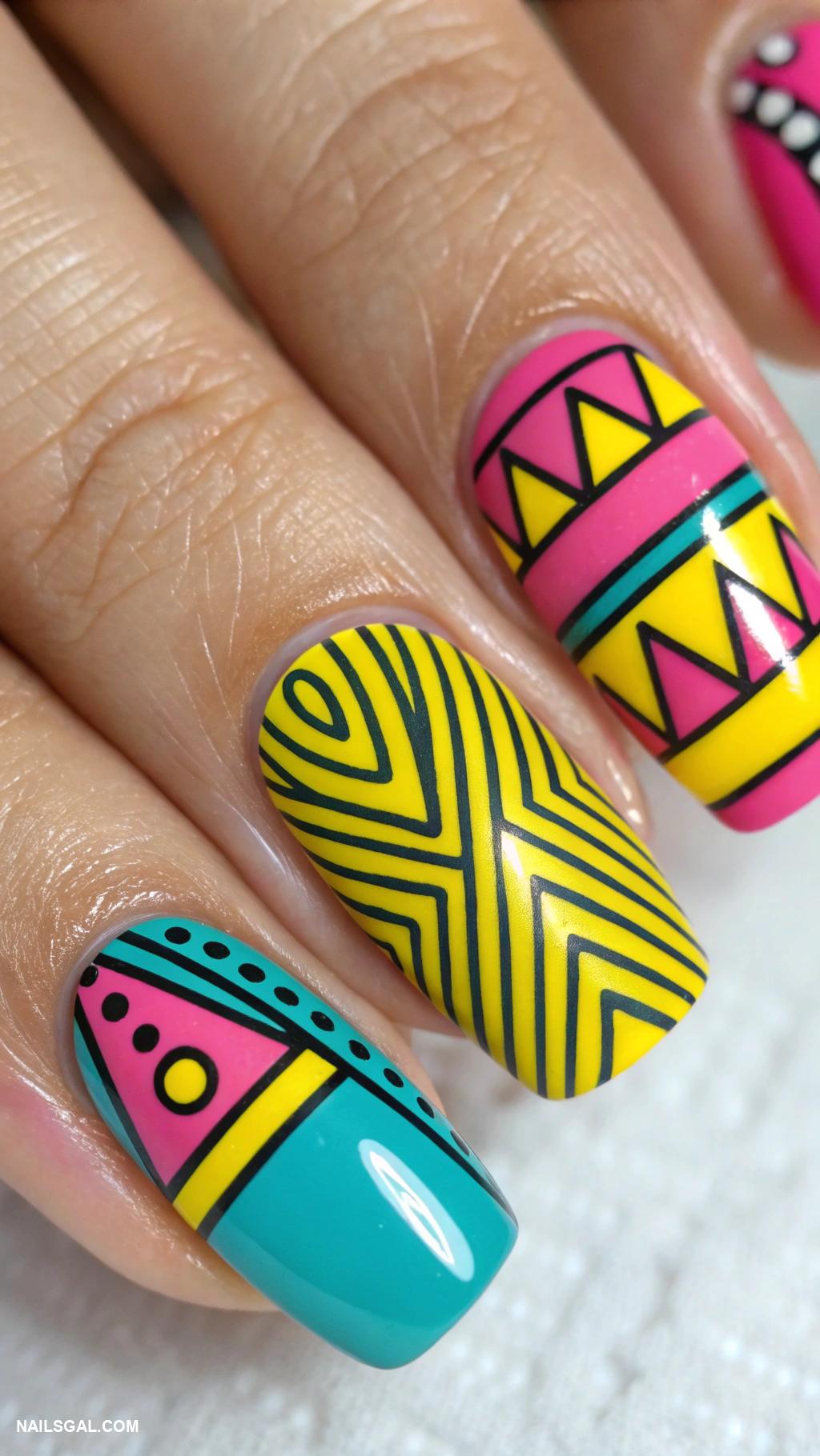 casual nails Geometric patterns in bright colors