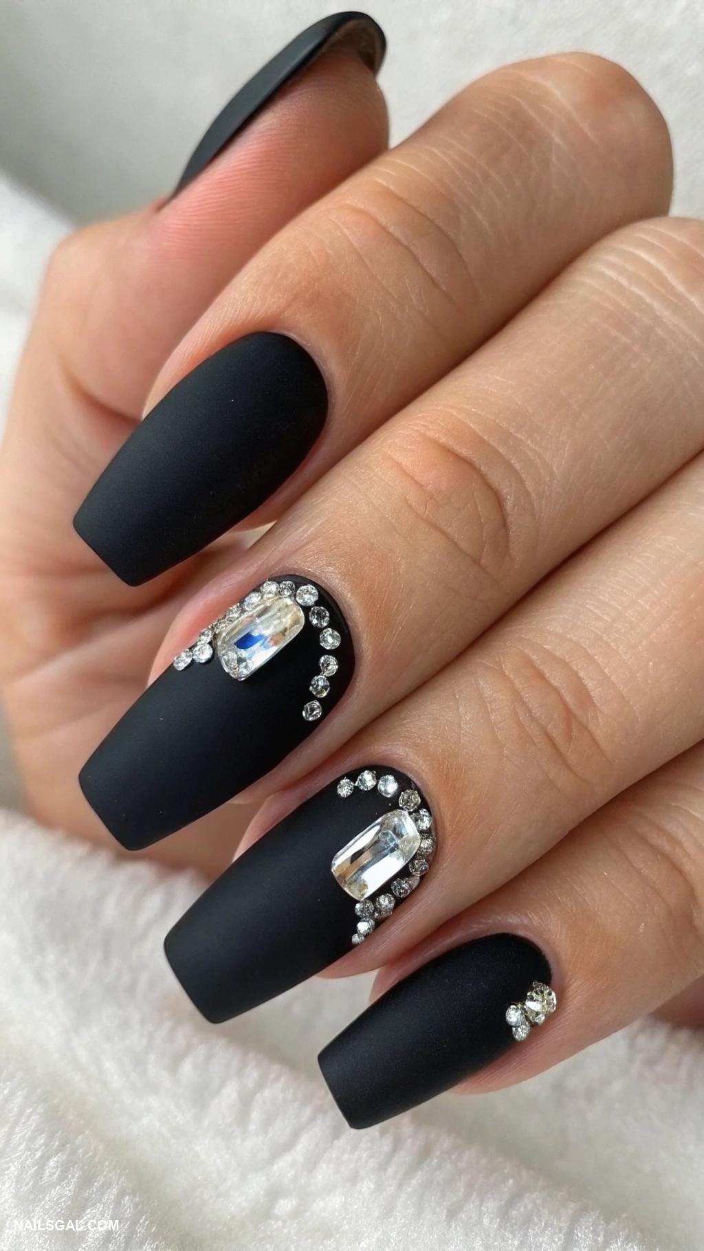 casual nails Matte black with shiny accent nails