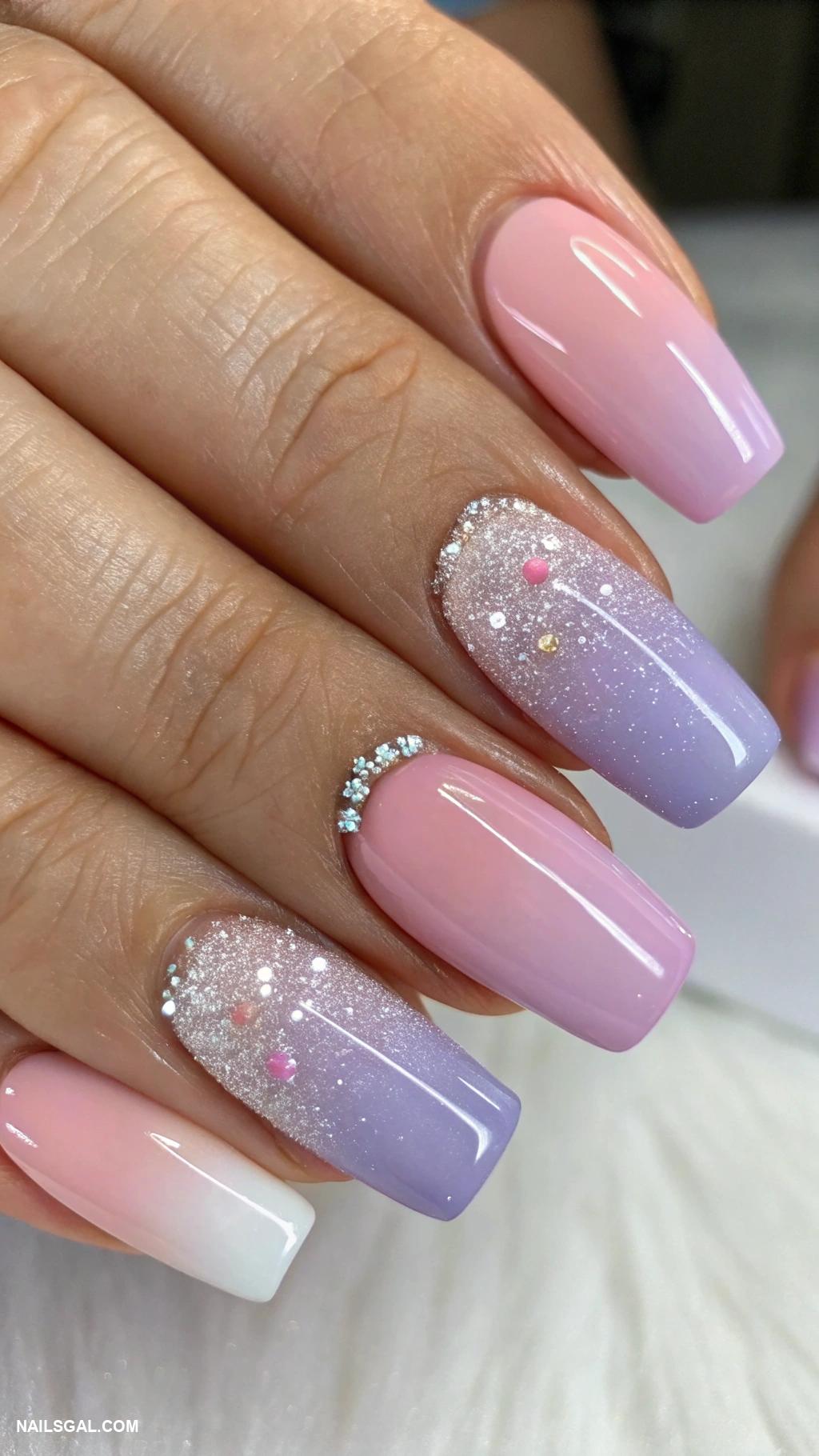 casual nails Pastel ombre with glitter tips