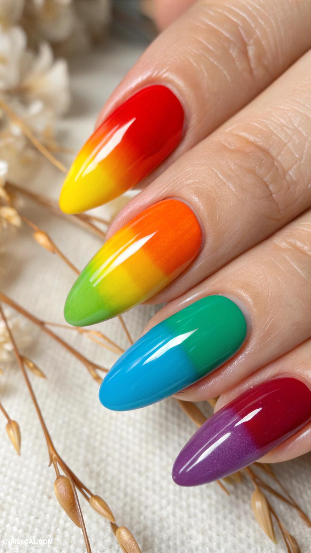 casual nails Rainbow gradient on almond shapes