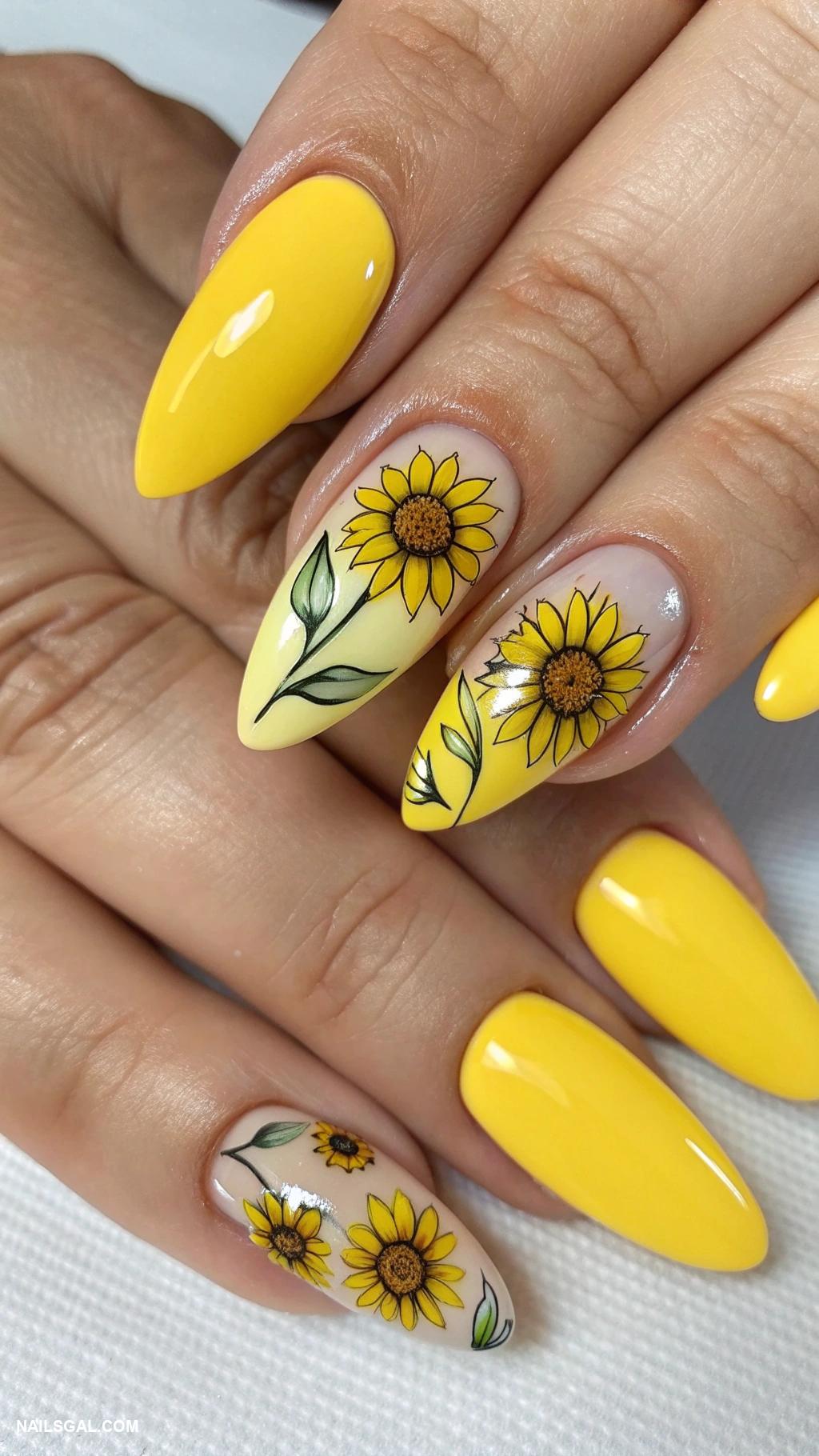 casual nails Sunflower accents on a yellow base