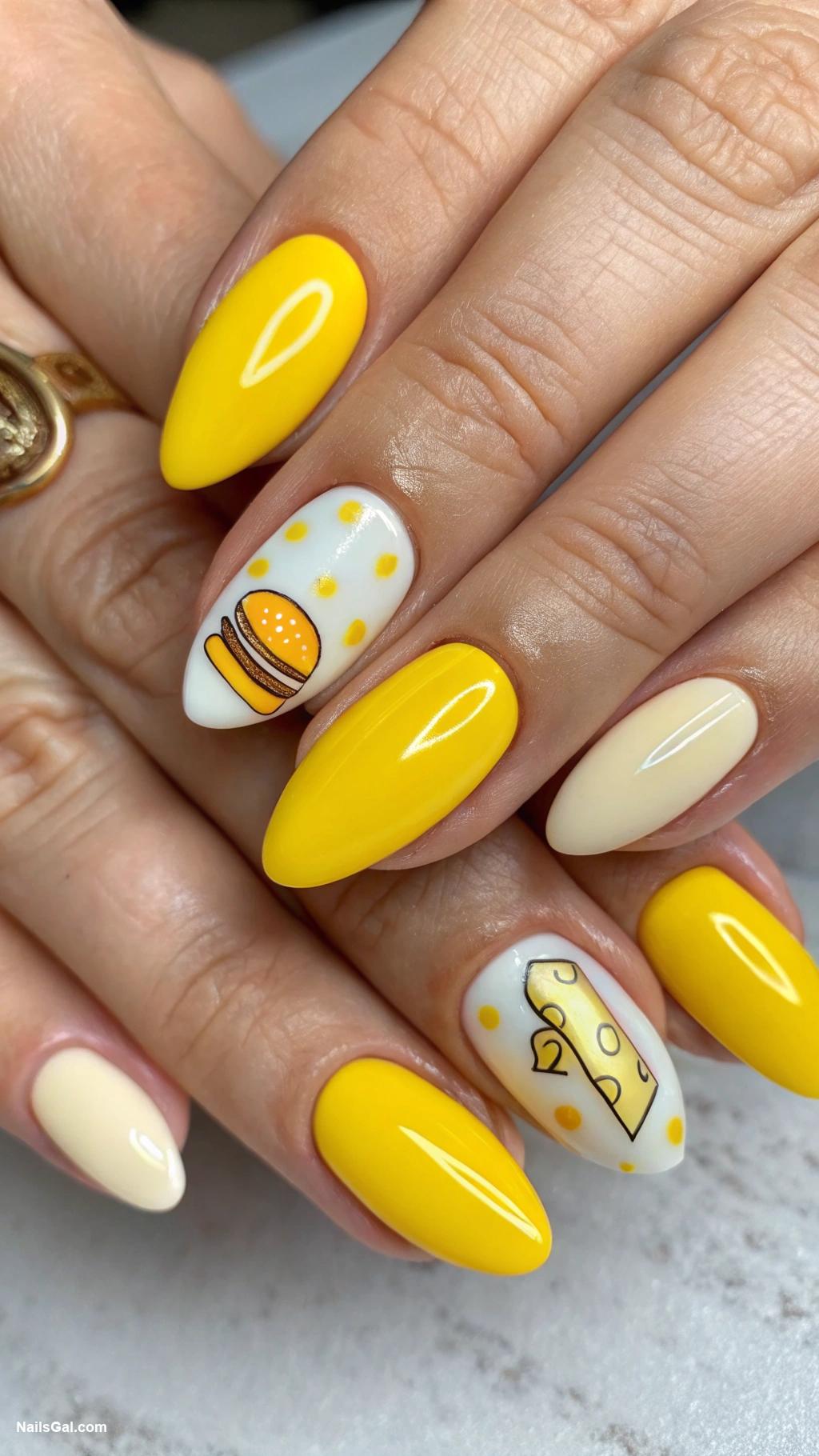 cheeseburger nails Bright yellow cheese slab accent nails