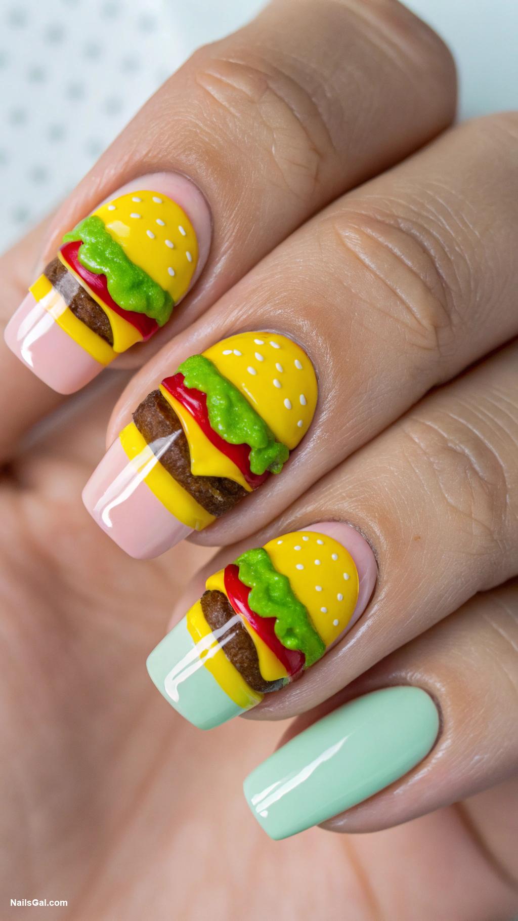 cheeseburger nails Burger inspired nail art on accent nails