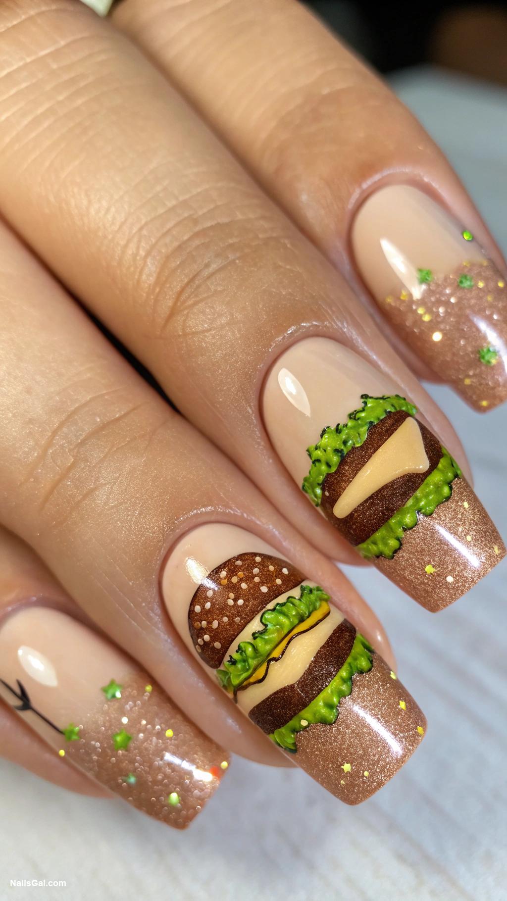 cheeseburger nails Green lettuce layers with glitter finish
