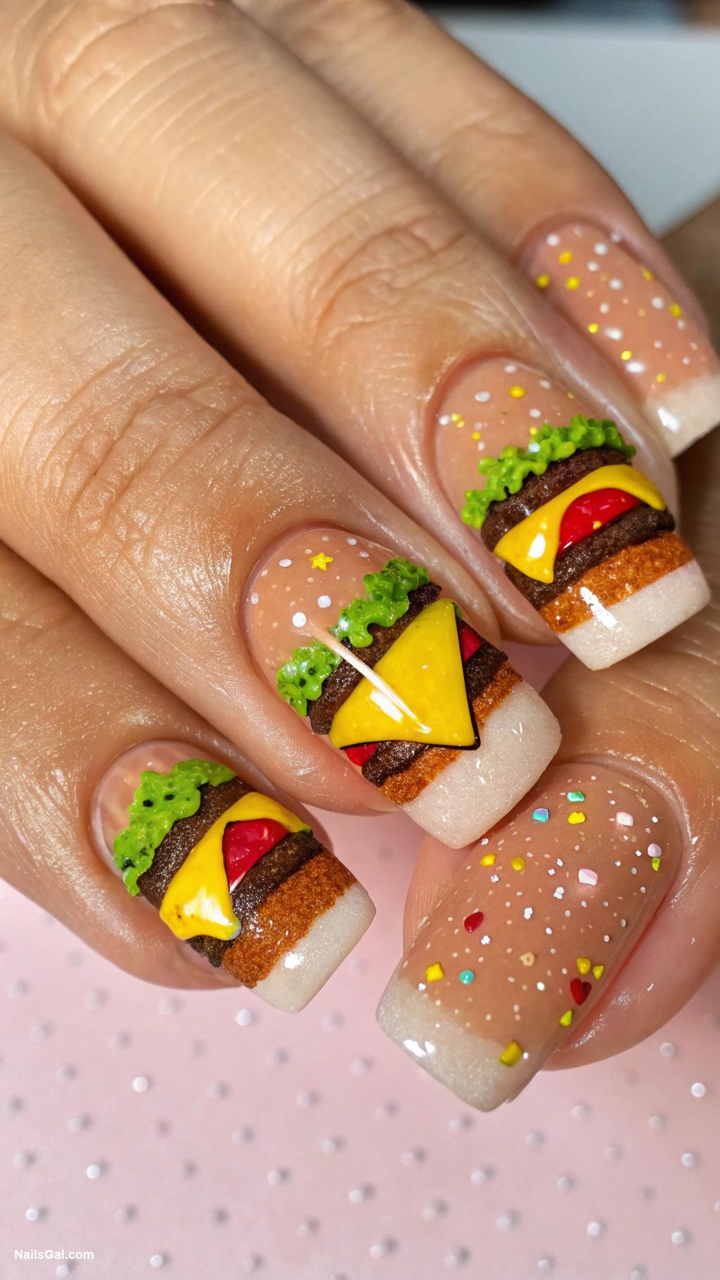 cheeseburger nails Hand painted burgers with extra sparkle