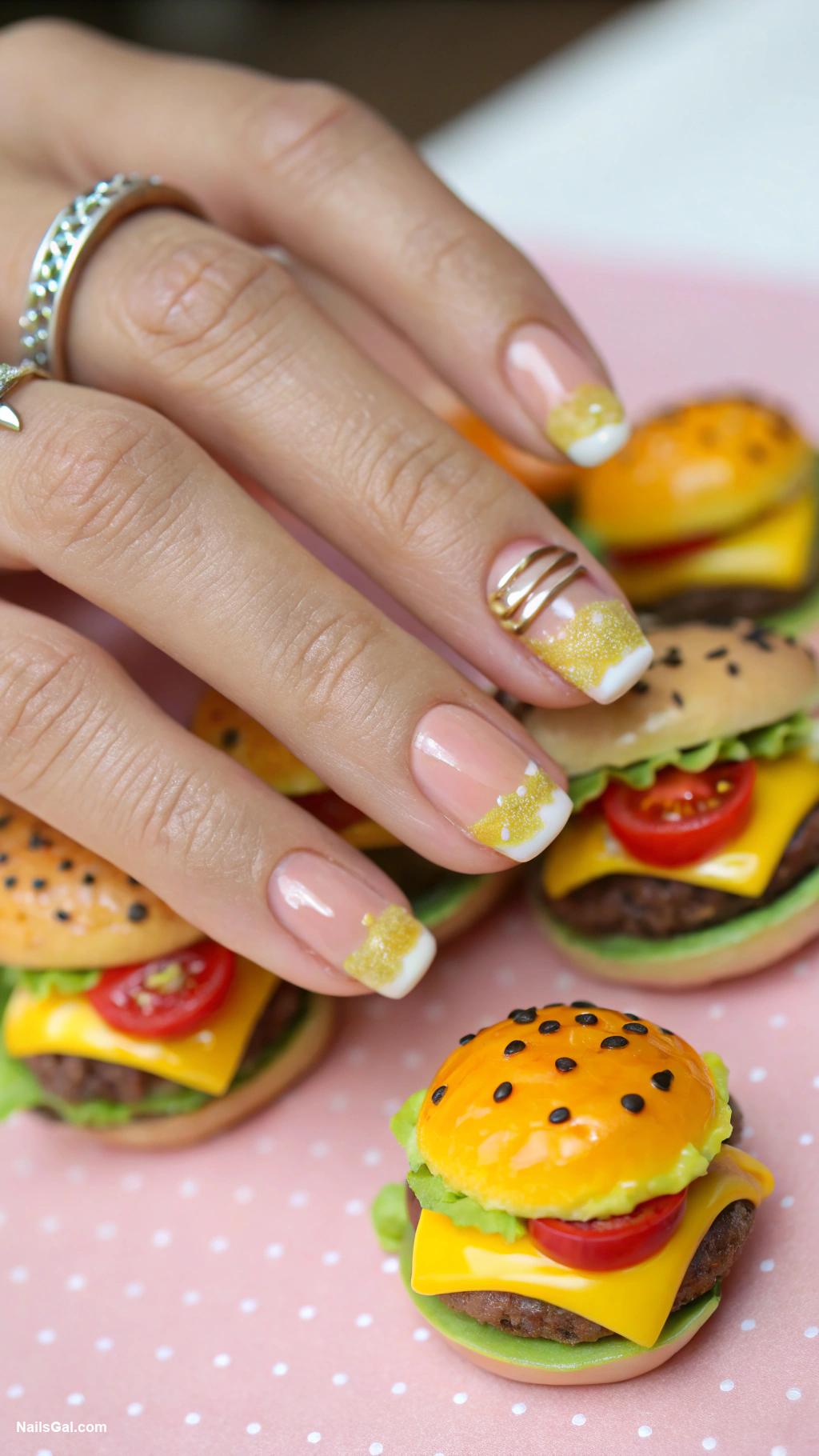 cheeseburger nails Mini burger charms on ring fingers