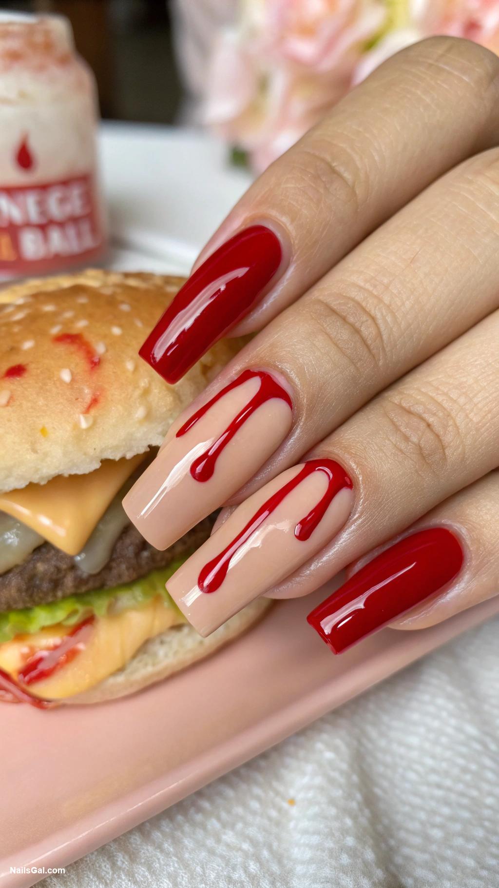 cheeseburger nails Red ketchup drip on nude base