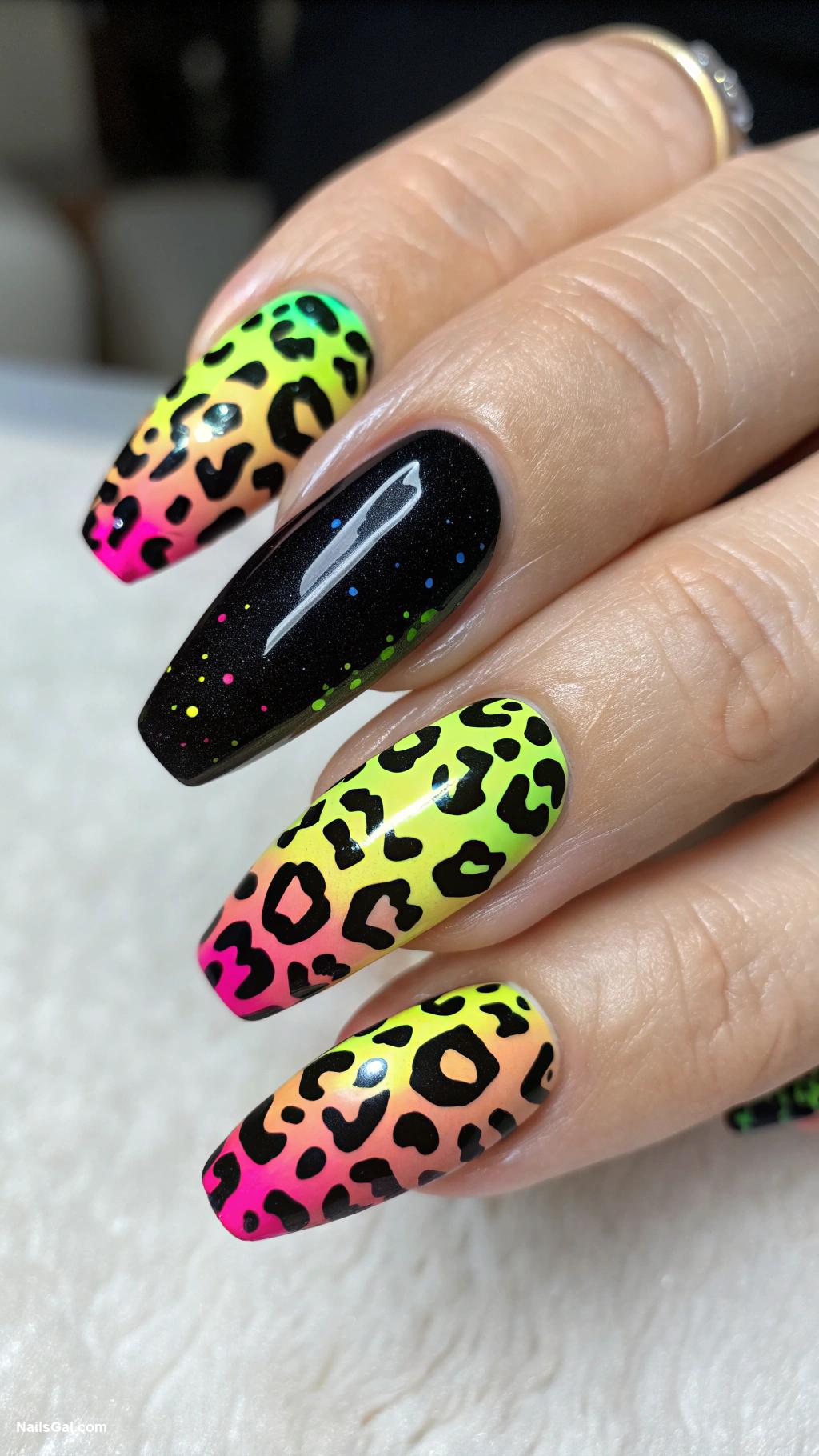 cheetah print nails Neon cheetah spots on black background