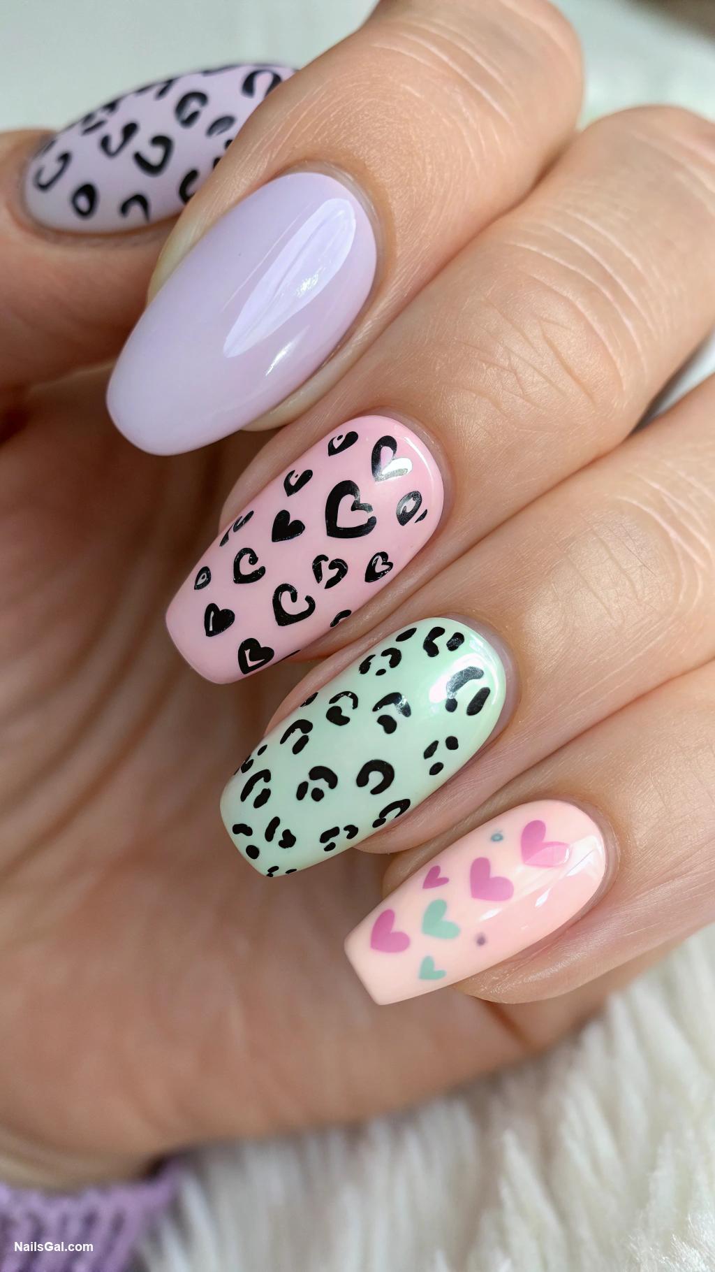 cheetah print nails Pastel cheetah print with heart details