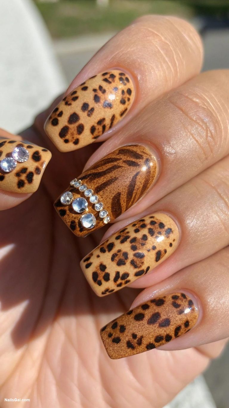 cheetah print nails Textured cheetah print with rhinestone accents