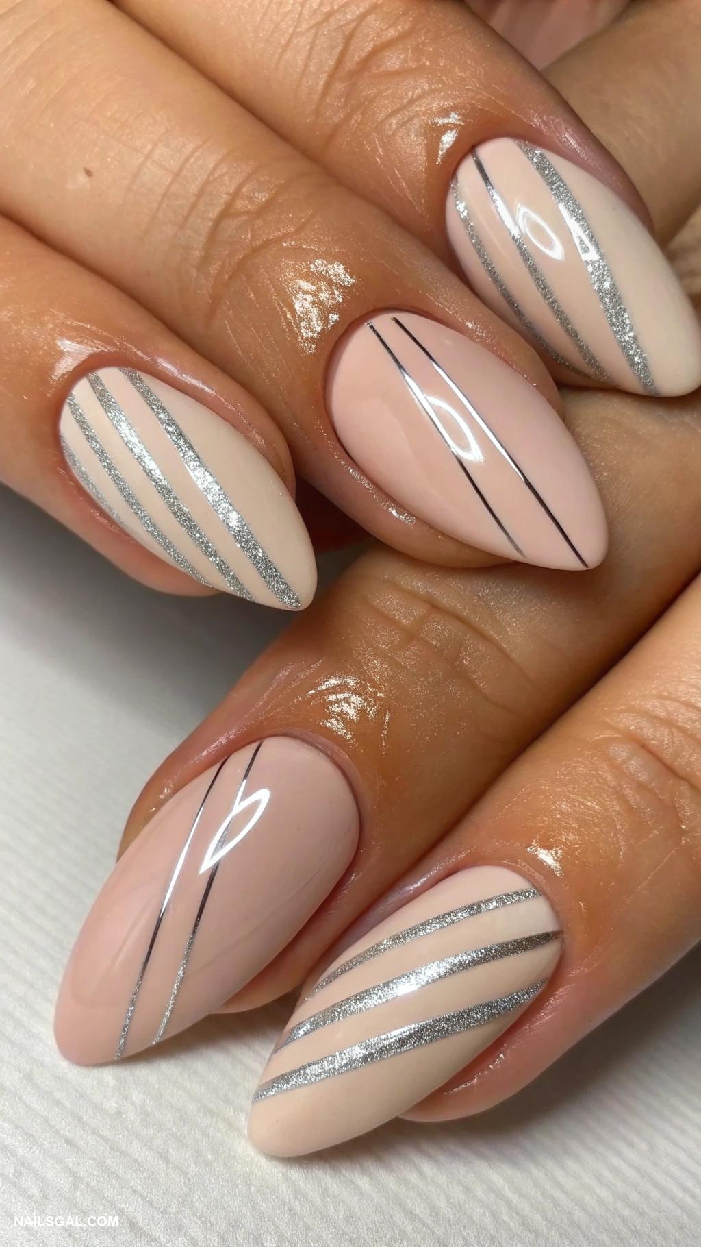 classy nude nails Glossy nude with silver stripes