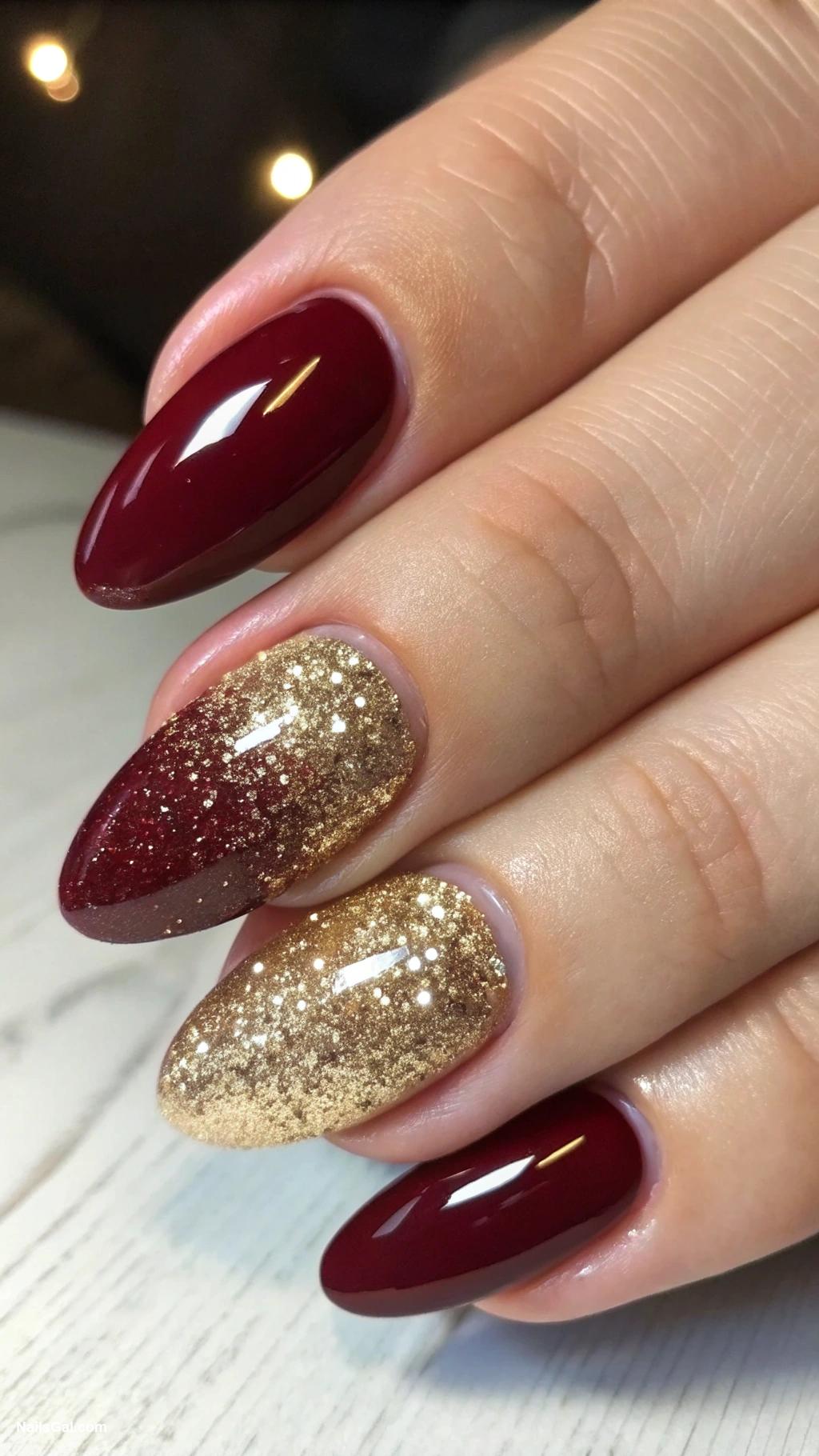 classy work nails Burgundy with gold glitter gradient