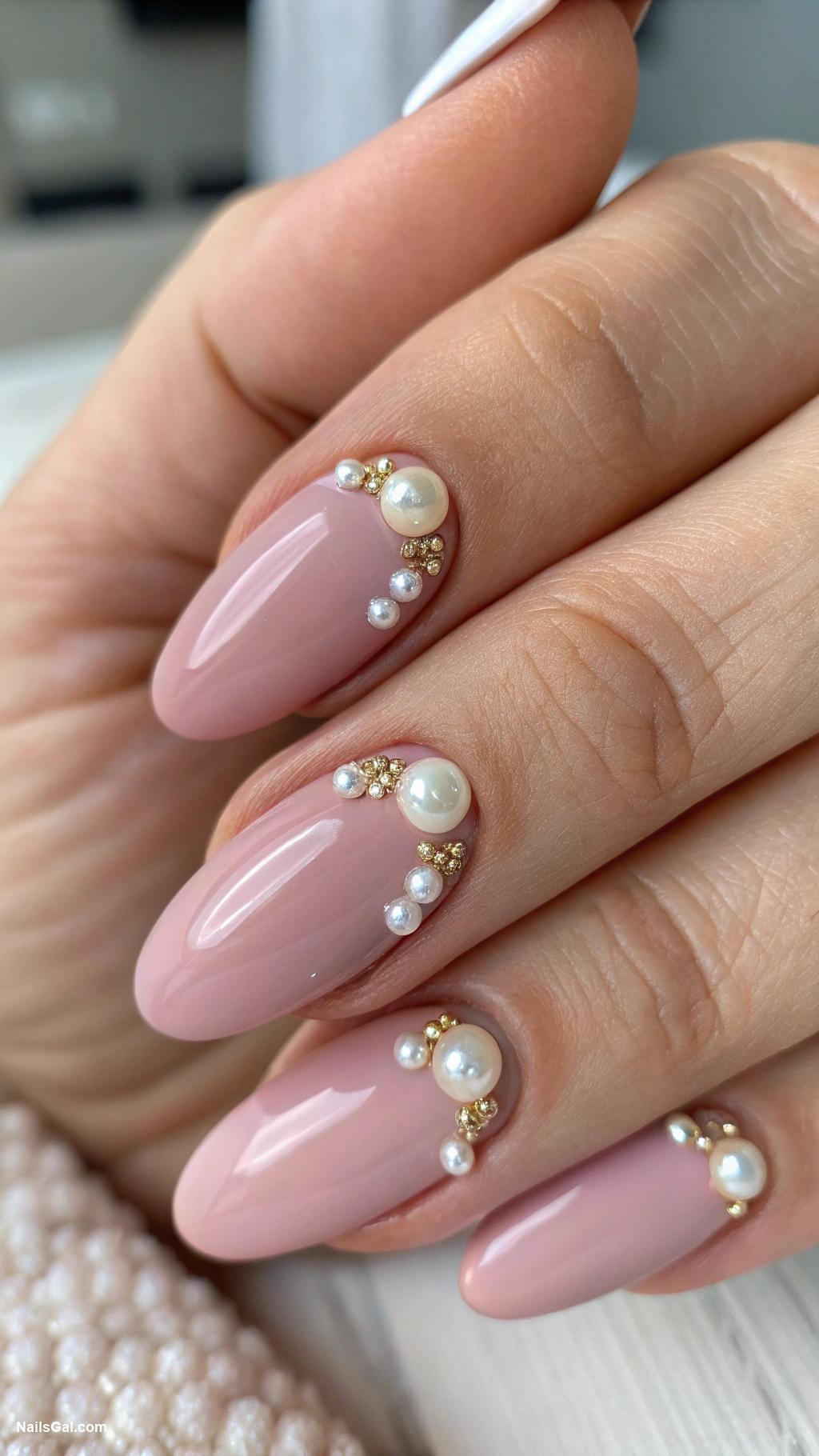classy work nails Dusty rose with pearl embellishments