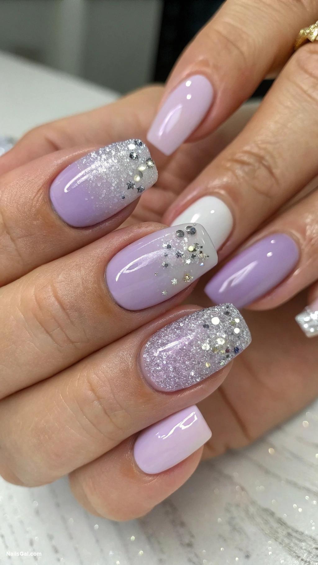 classy work nails Soft lavender with silver sparkles