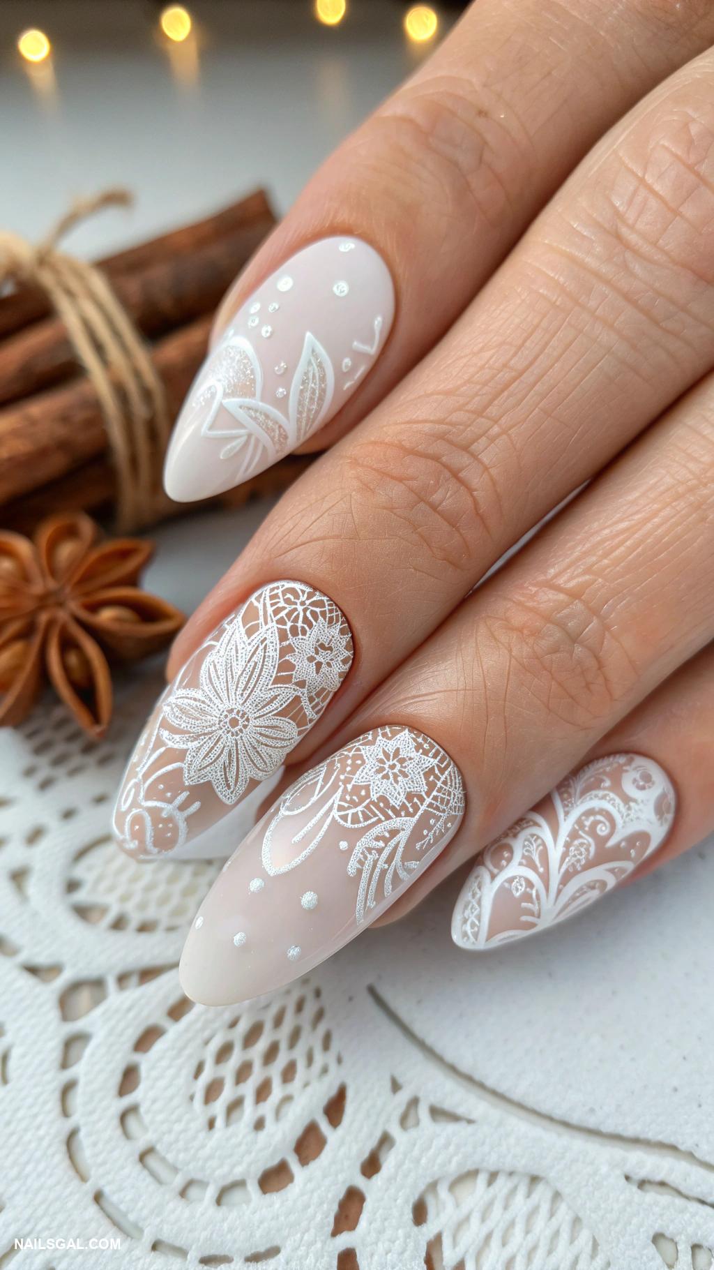 cottagecore nails Delicate lace patterns in white