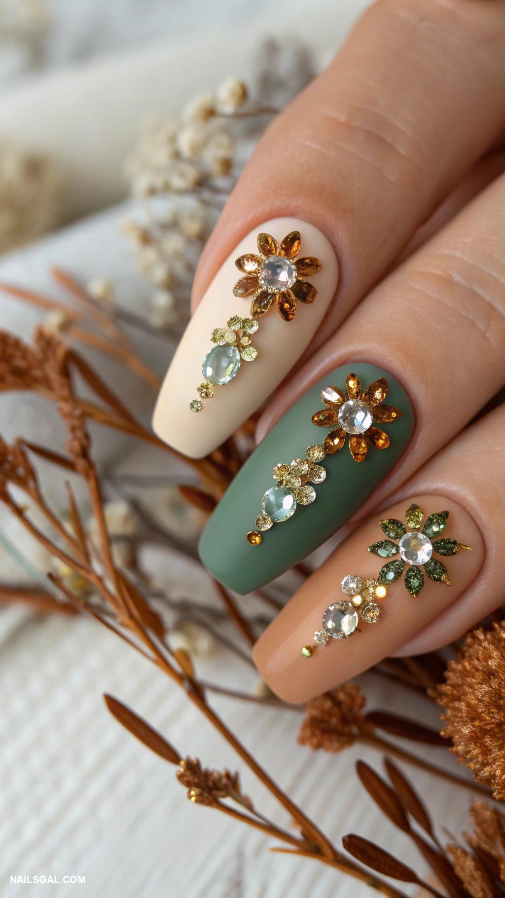cottagecore nails Earthy tones with gemstone art