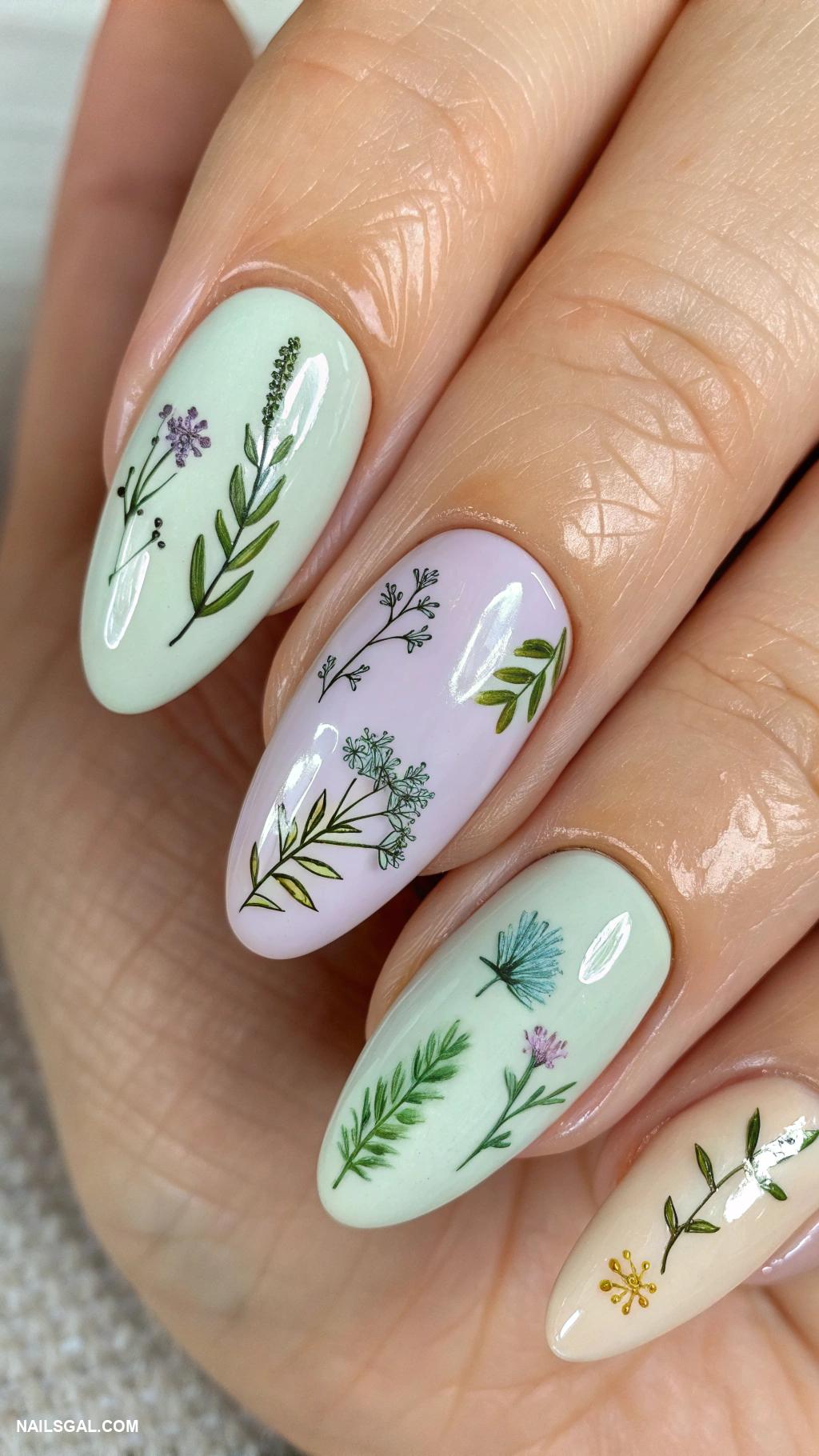 cottagecore nails Herb and greenery hand painted motifs