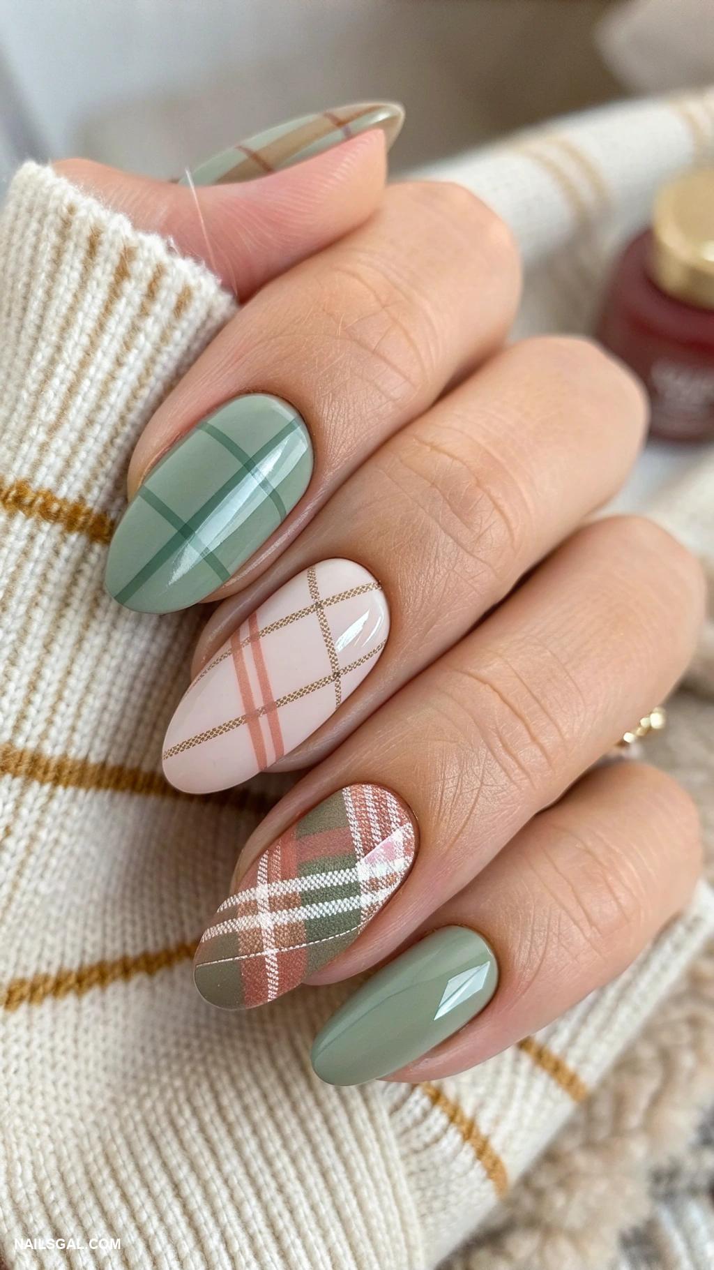 cottagecore nails Rustic plaid patterns in muted tones