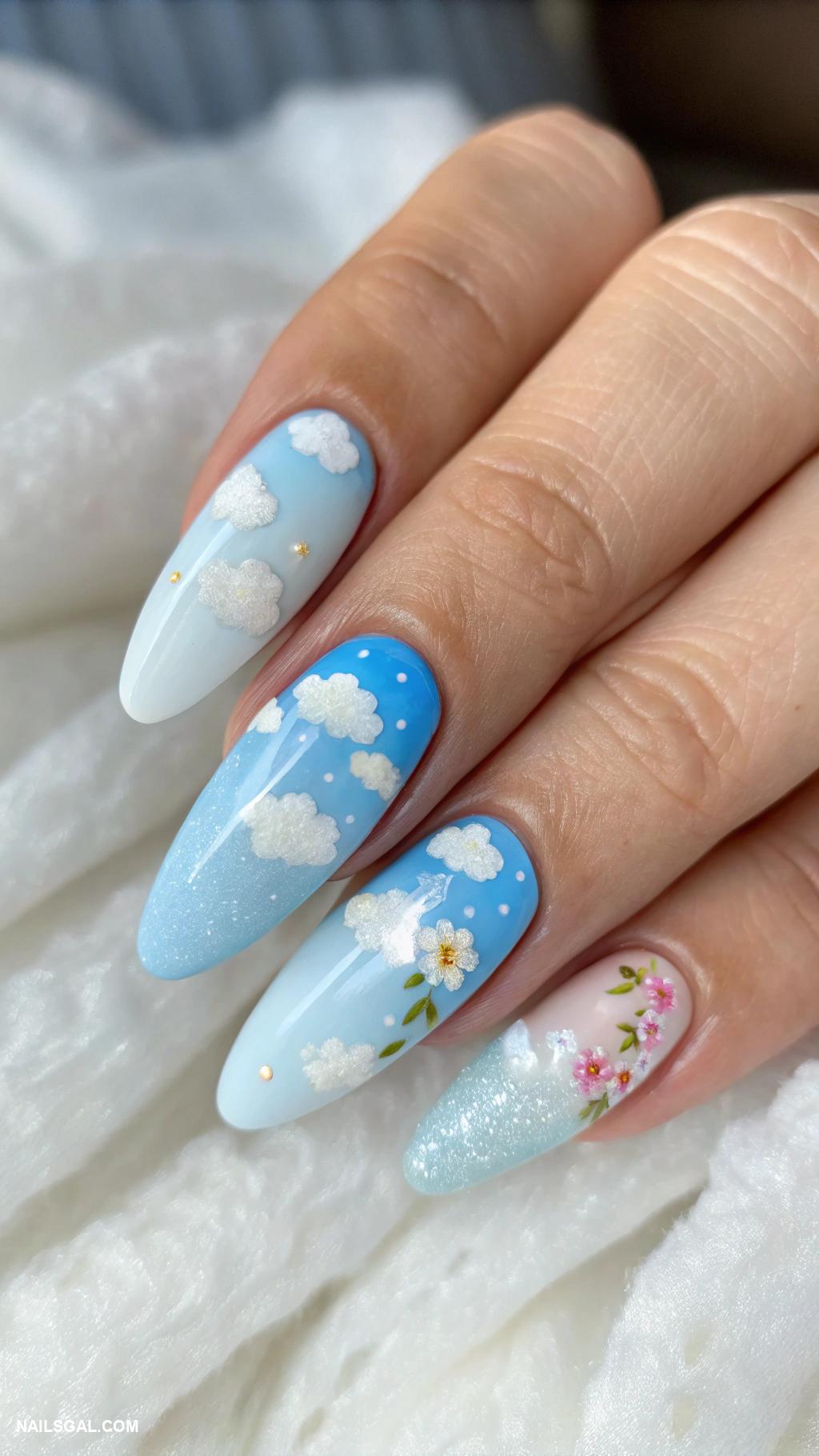 cottagecore nails Soft clouds and sky blue base