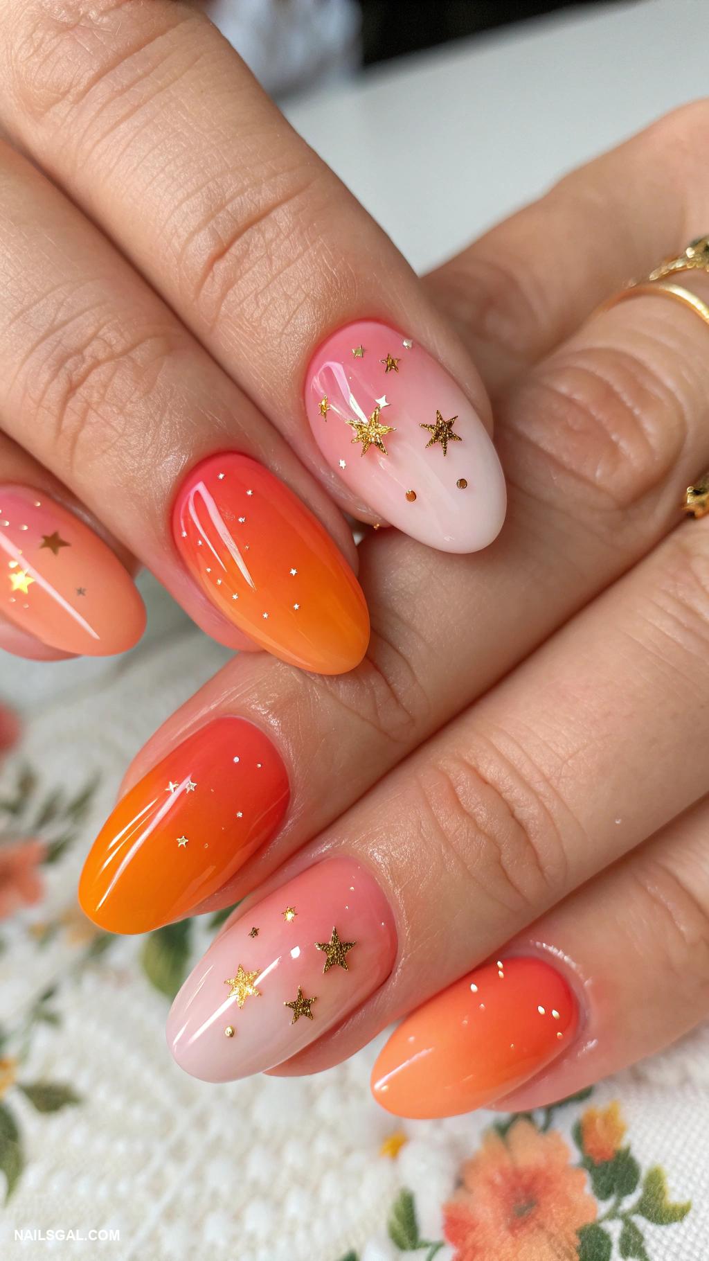 cottagecore nails Sunset ombre with golden accents
