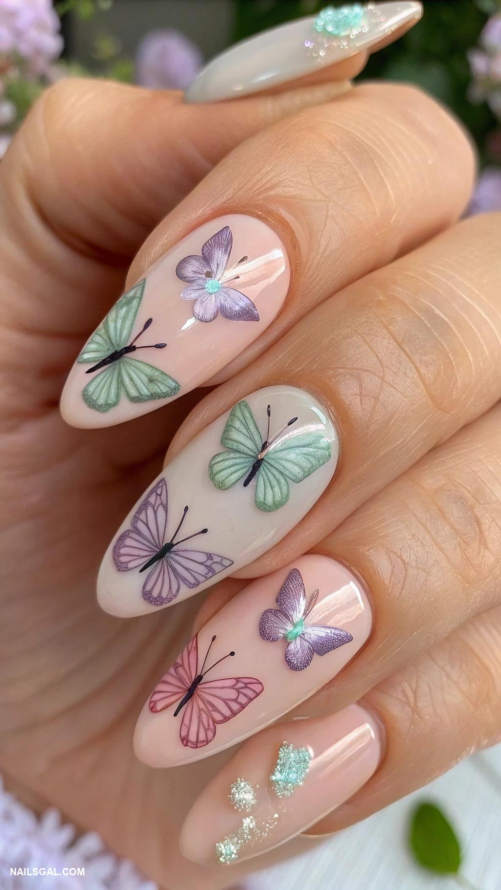 cottagecore nails Tiny butterflies on nude base