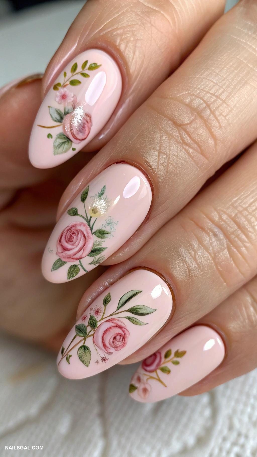 cottagecore nails Vintage rose designs with soft pinks