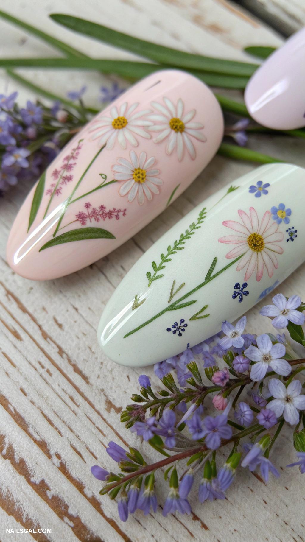 cottagecore nails Wildflower designs with pastel colors