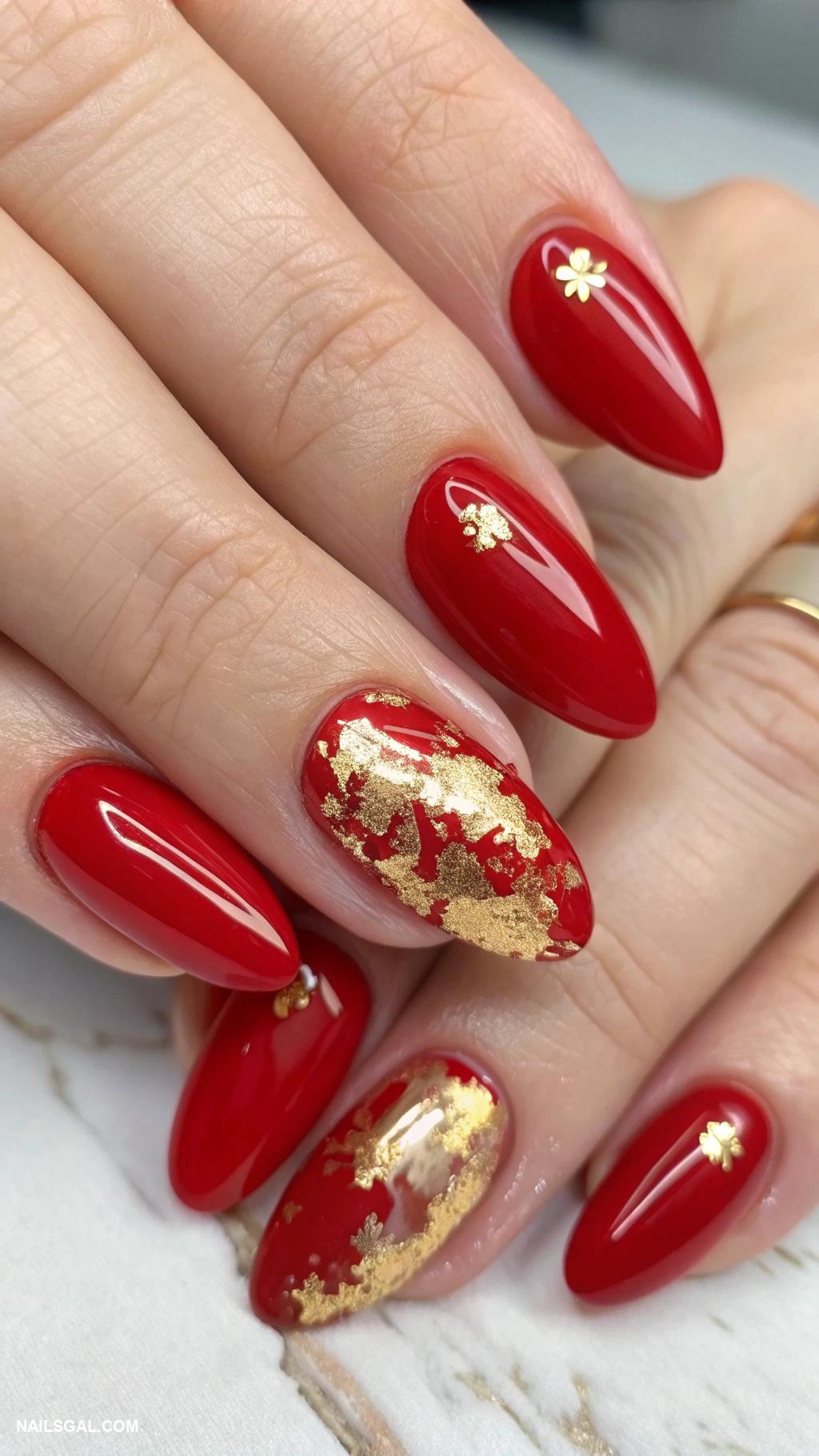 cute nails Classic red with gold foil accents
