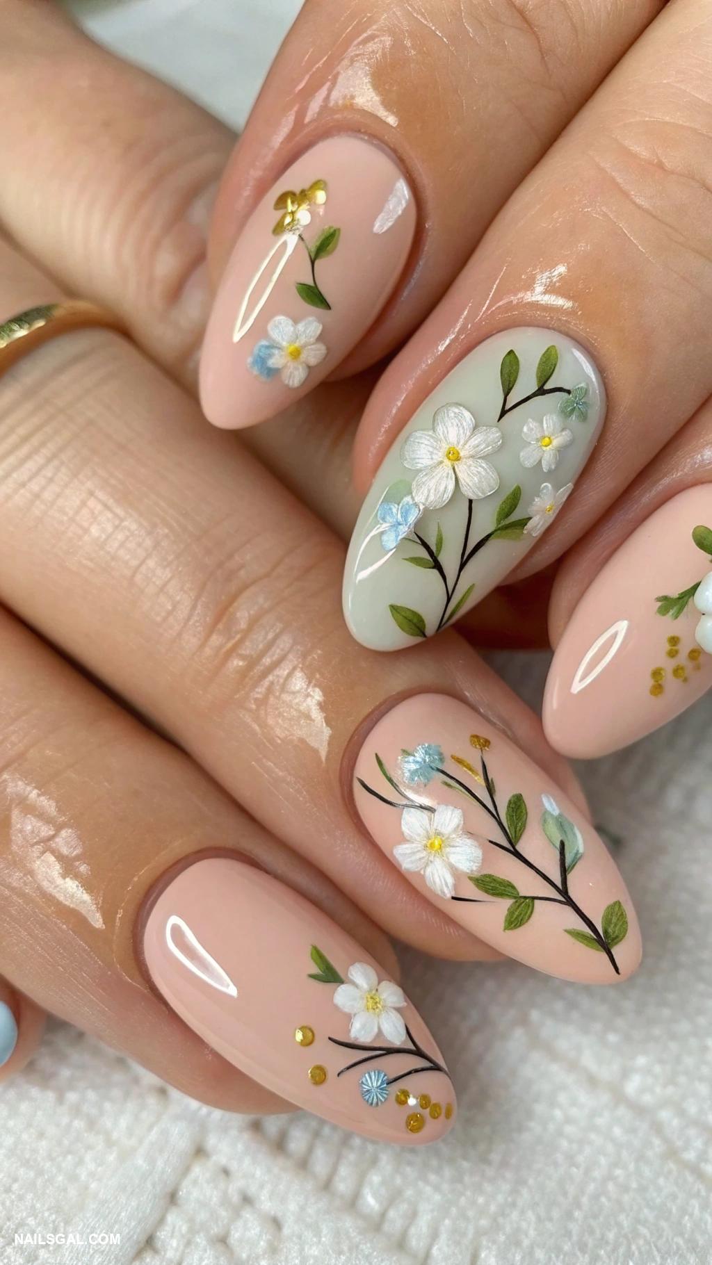 cute nails Floral accents on nude base