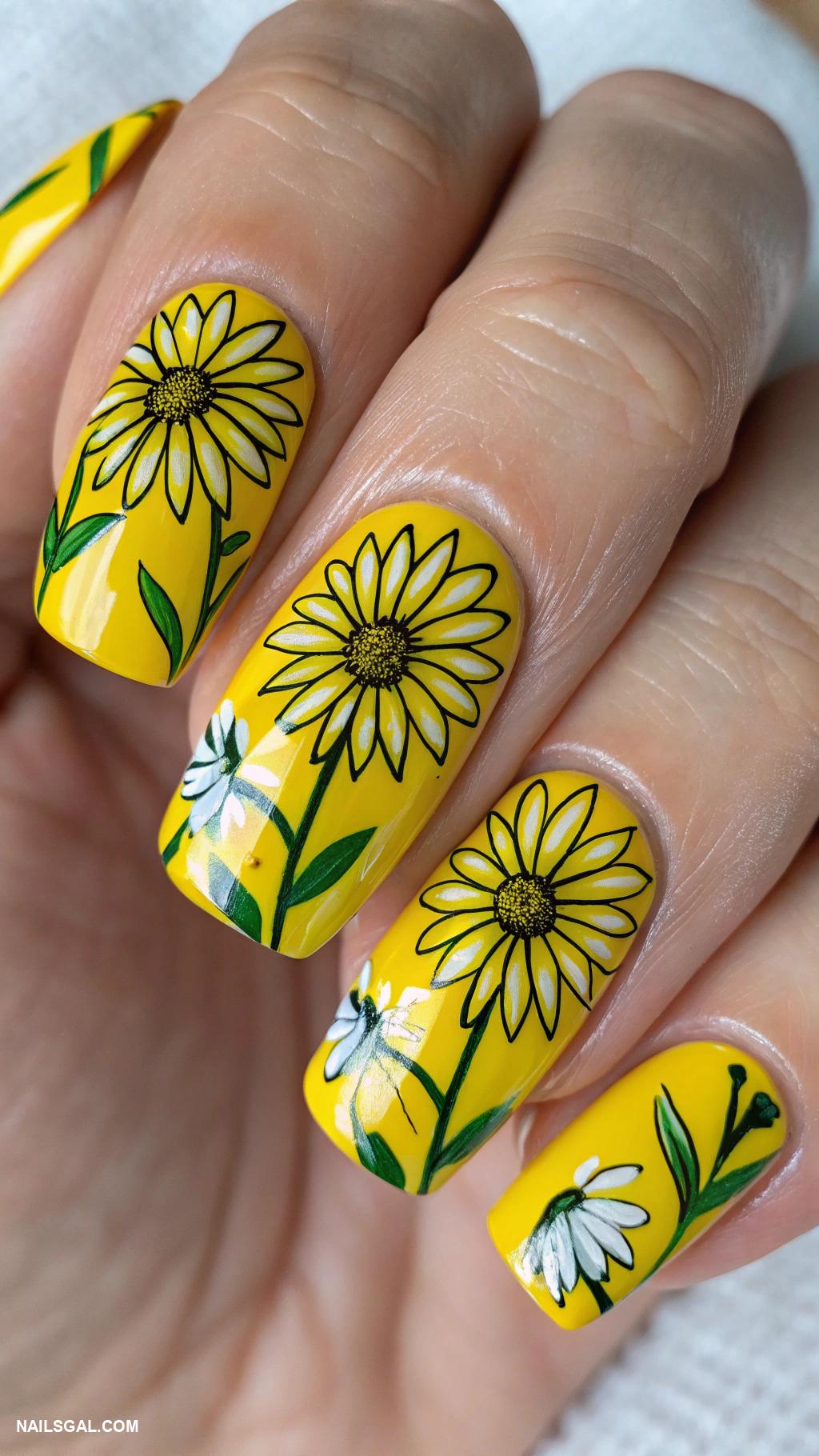 daisy nails Bold yellow daisies with green stems