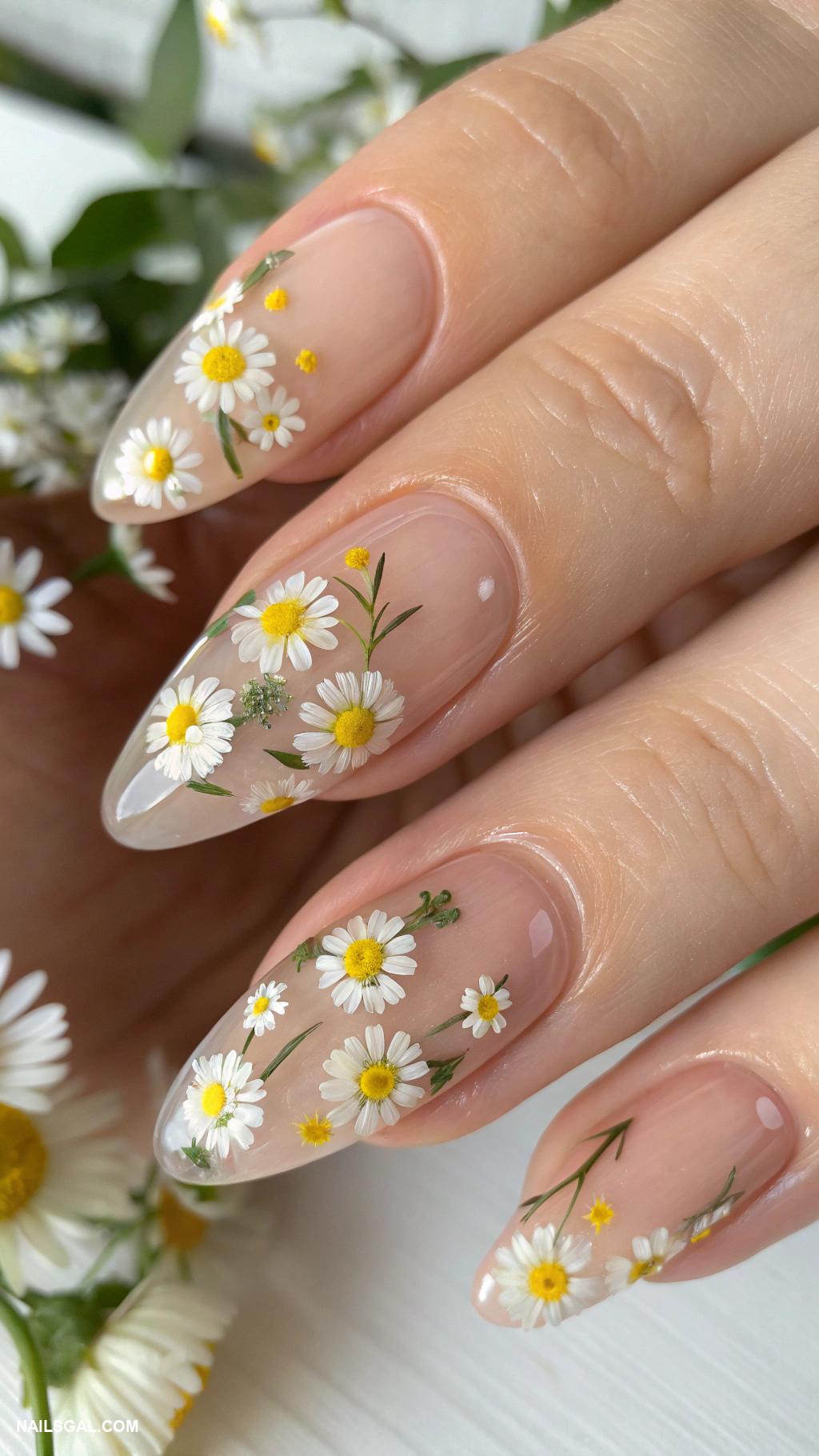 daisy nails Clear nails with pressed flower daisies
