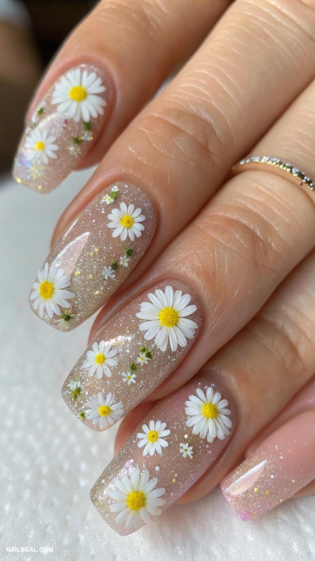 daisy nails Glittery tips with tiny white daisies