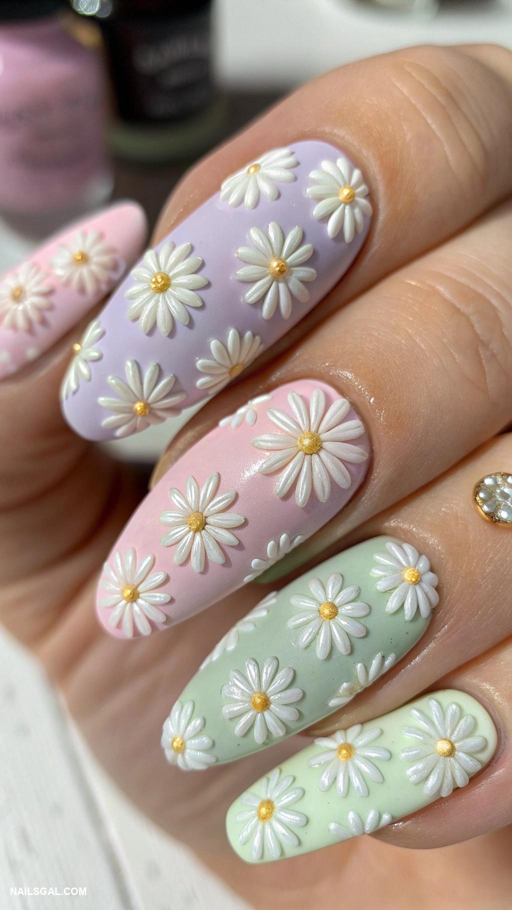 daisy nails Matte finish with textured daisy patterns