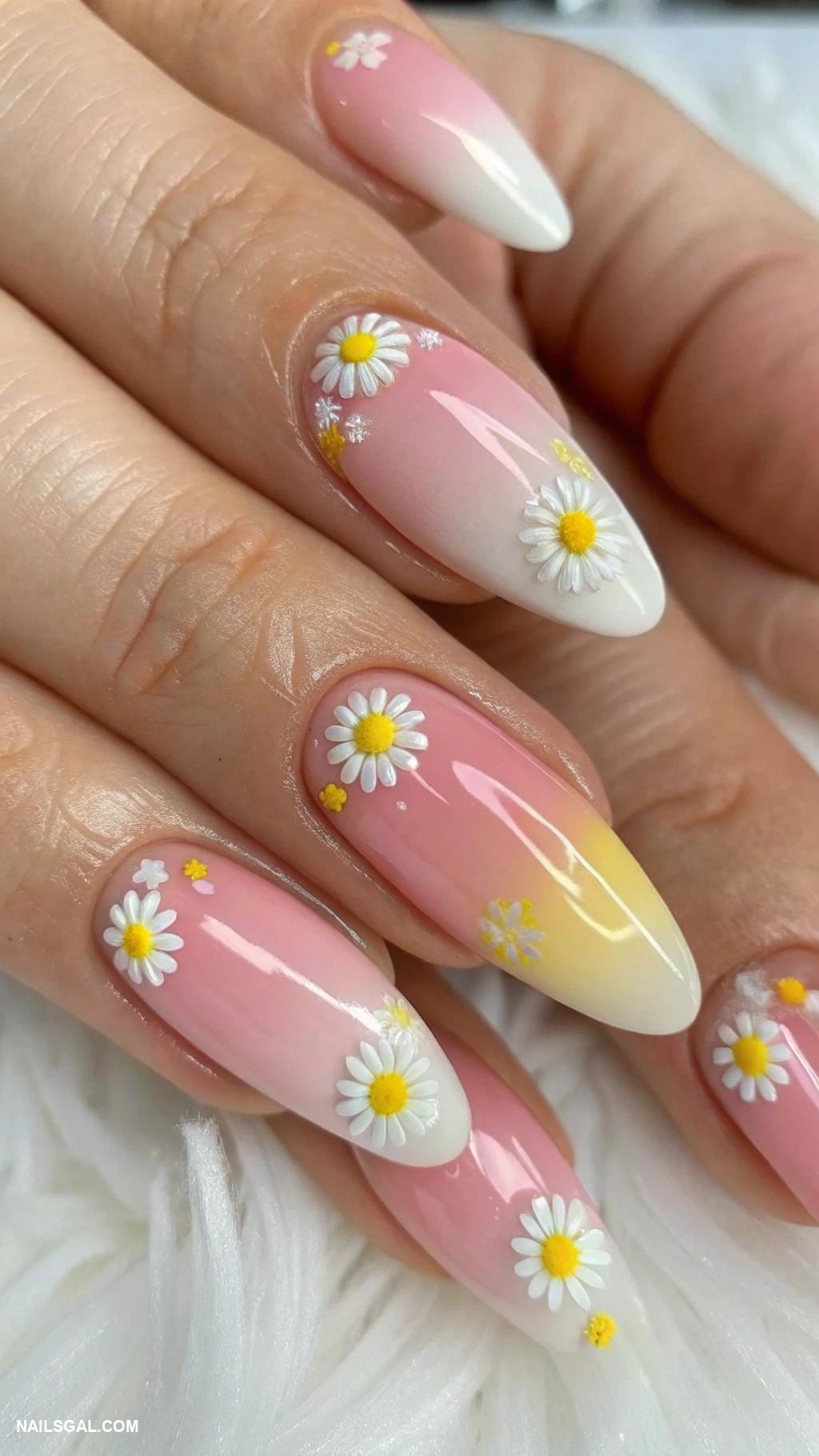 daisy nails Ombre effect with daisy detailing