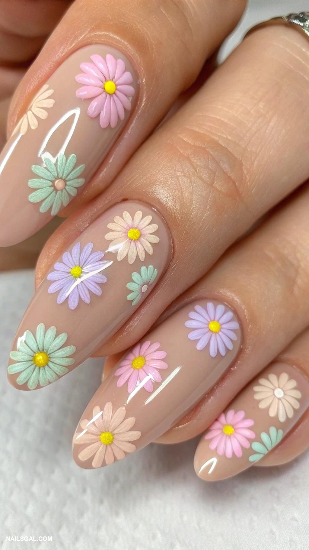 daisy nails Pastel colored daisies on nude base