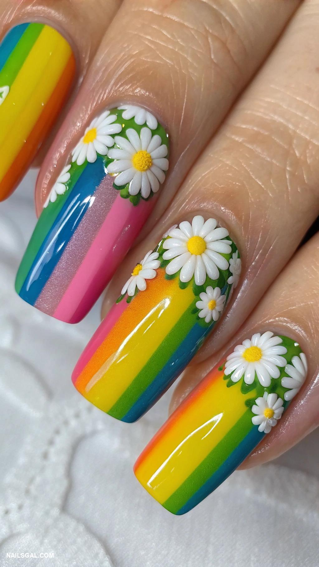 daisy nails Rainbow stripes with daisy clusters