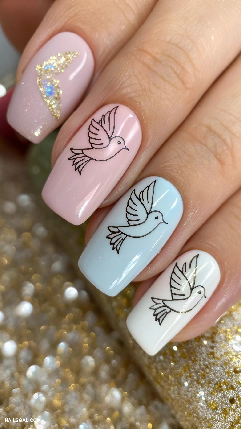 dove nails Dove prints on a glittery background