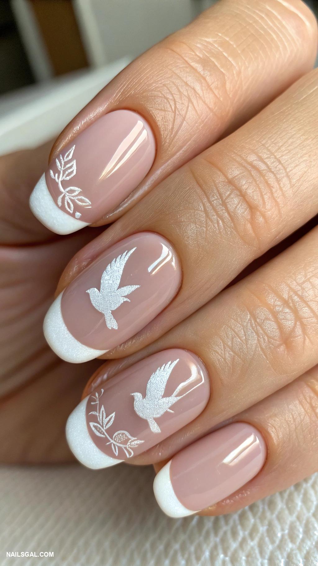 dove nails French tips with tiny dove decals
