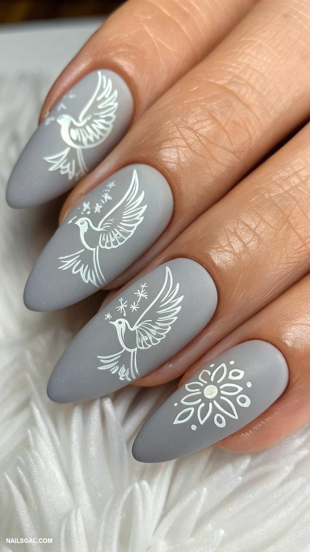 dove nails Matte grey nails with shiny dove nail art