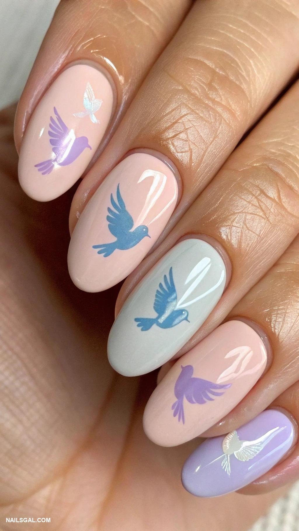 dove nails Pastel dove silhouettes on a nude base
