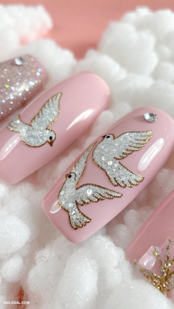 dove nails Sparkling doves on a soft pink canvas