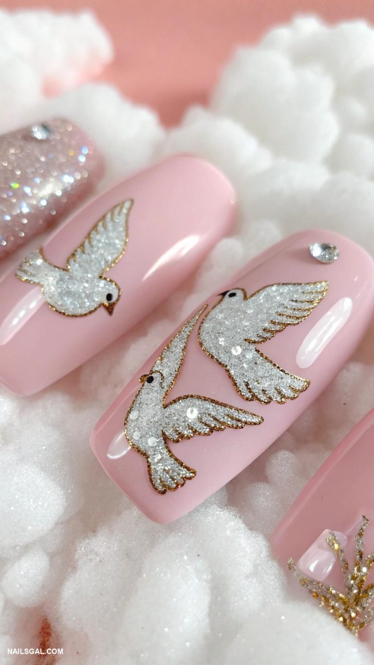 dove nails Sparkling doves on a soft pink canvas