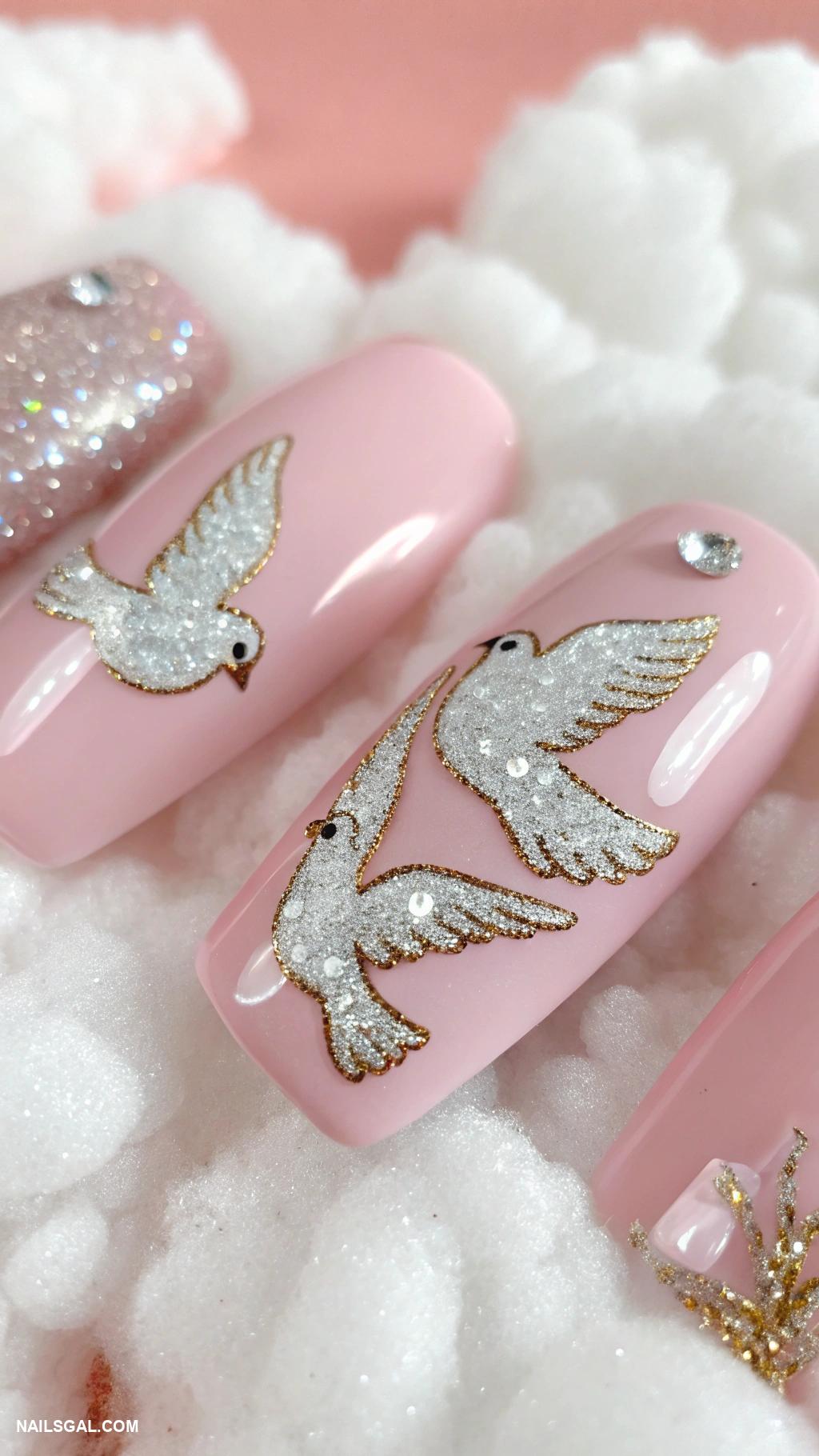 dove nails Sparkling doves on a soft pink canvas