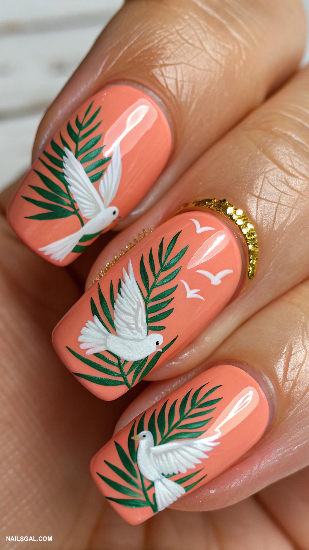 dove nails Tropical theme with doves and palm leaves