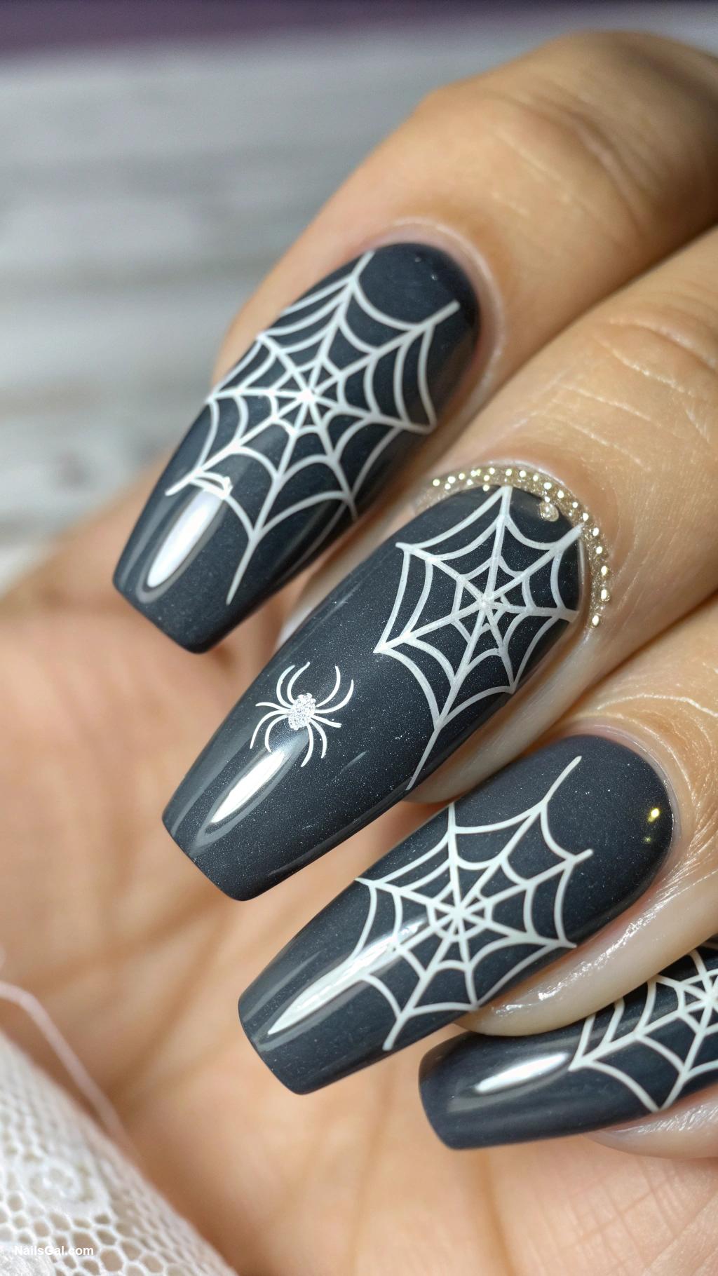fall coffin nails Charcoal gray with white spider web art